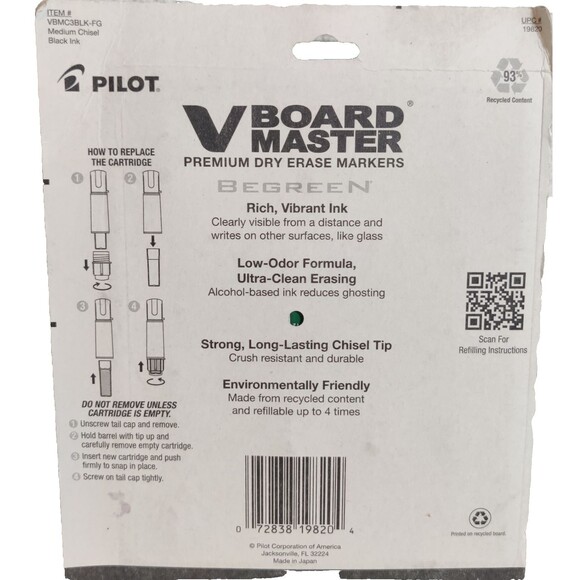 Pilot V Board Master Premium Dry Erase Markers Black 3 Pack, 2 Free Refills NEW - Picture 3 of 4